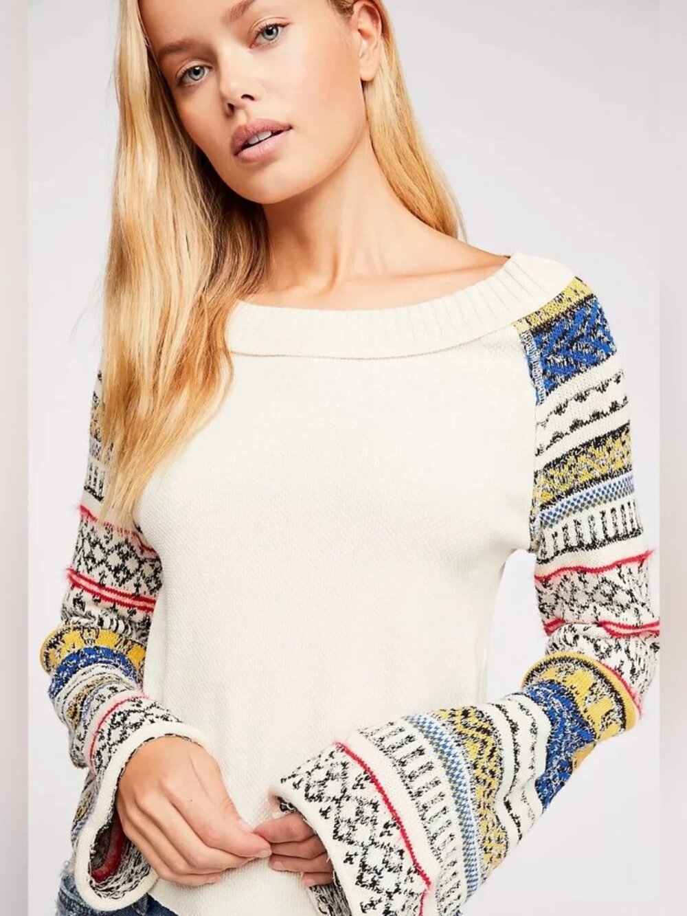Free People Fairground Thermal Top M Ivory Fair Isle Sleeve Cropped Boho